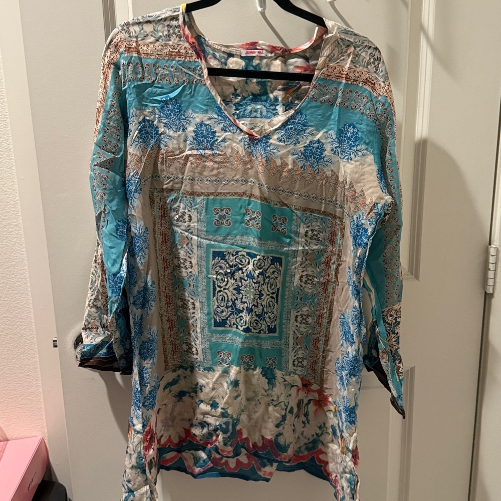 Johnny Was Floral Blue and Cream Top
